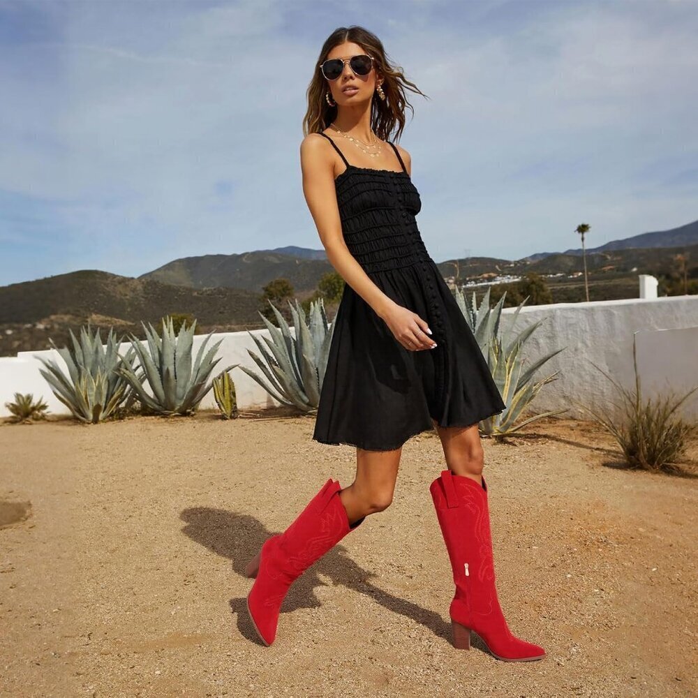 Women's Embroidered Wide Calf Chunky Knee High Heels Western Red Boots - Picture 3 of 7